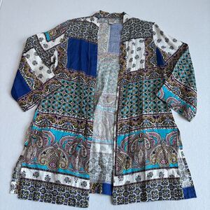 Chicos Linen Kimono Jacket Womens 12-14 Blue White Patchwork Paisley Boho Duster